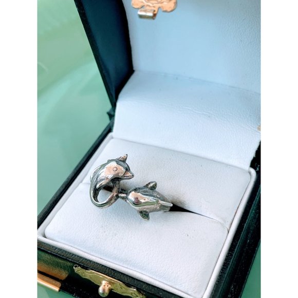 Vintage 925 Silver  Double Dolphin fish Ring Size 8.25 - Picture 3 of 11